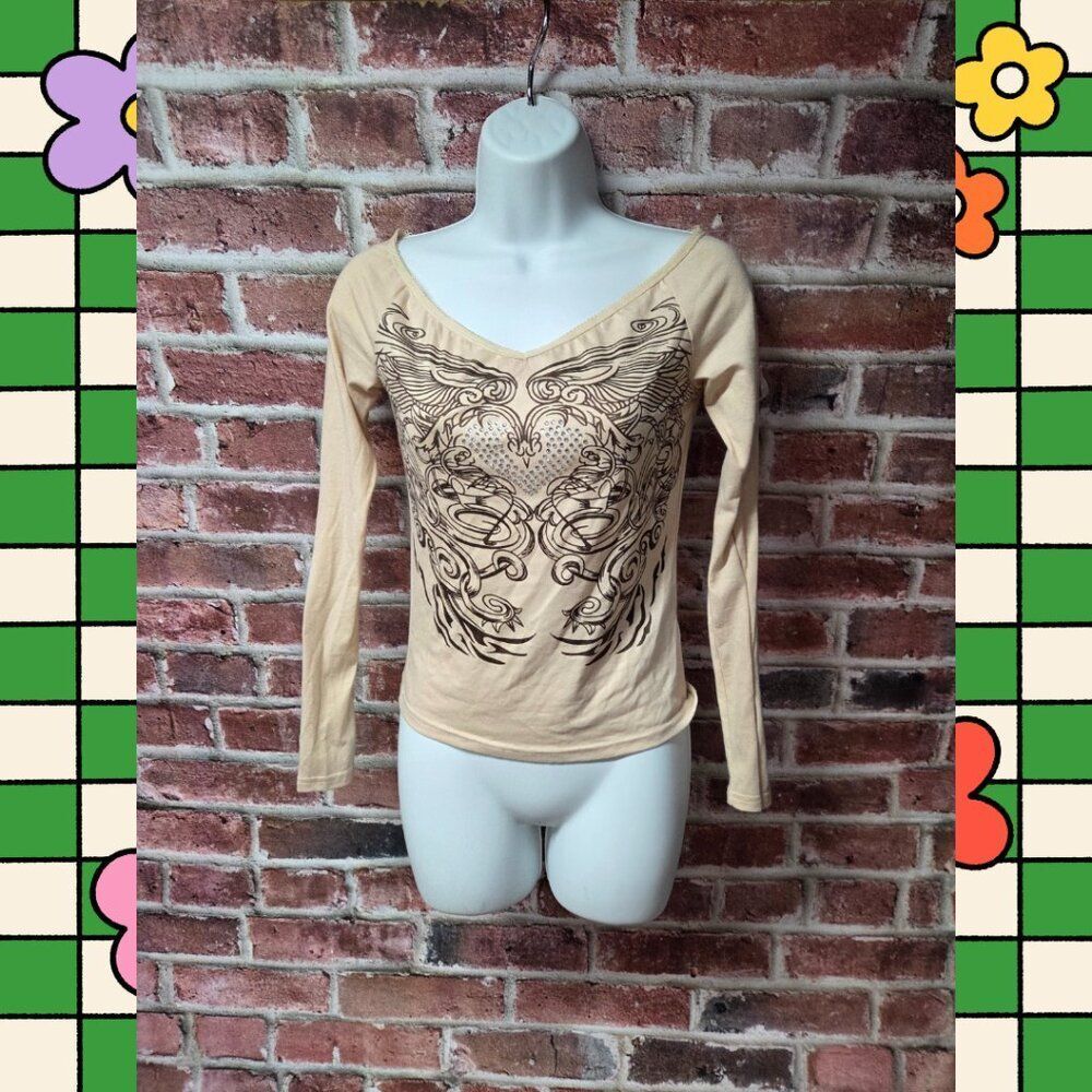 Cider Top XS‎ | Tan Rhinestone V Neck Long Sleeve Y2K Coquette Sparkle Chic